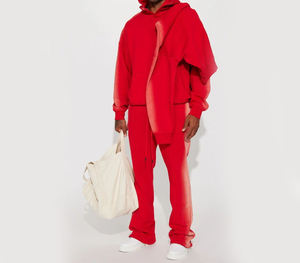 Men's Sun Faded Paneled Flared Sweatpants Breathable <b>Red</b> Acid Wash Stacked Midweight Eco-Friendly Polyester/Cotton Canvas Casual - Product Image 2