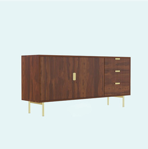 Meuble TV moderne en bois massif Console multimédia en bois foncé avec portes cannelées et pieds dorés pour la maison, le salon ou les villas - Product Image 3