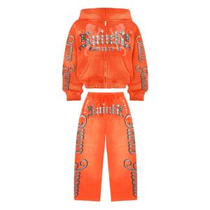 Conjunto de chándal personalizado con cremallera completa, detalles de diamantes de imitación, rayas laterales, pantalones de pierna ancha unisex, añada su nombre de marca - Product Image 5