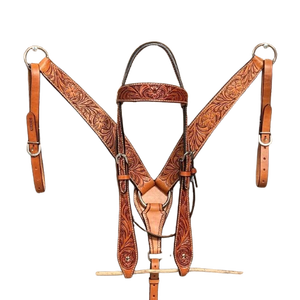 Conjunto de arreos para caballo estilo Buckaroo Roper, de cuero repujado floral con acabado ligero, incluye cabezada, pechera y frontal, personalizado, tamaño completo - Product Image 2