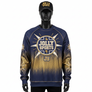 Sudadera de Felpa de Alta Calidad, 330 GSM, Lavado Ácido, Color Azul Marino con Degradado Dorado, Mangas Raglán, Paneles Personalizados con Bordado, Sudadera Básica - Product Image 1