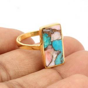 Anillo fino chapado en oro de 18 quilates superventas estilo bohemio delicado 8x16mm Mohave turquesa Rosa ópalo cobre bisel ajuste boda/fiesta - Product Image 4