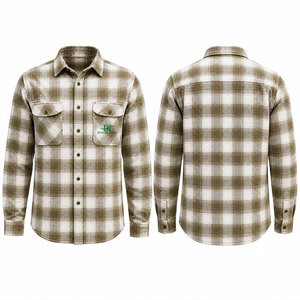 เสื้อเชิ้ตทำงานแขนยาวลายสก็อตสีน้ำตาลขาวสำหรับผู้ชาย ผ้าฝ้าย สวมใส่สบาย พิมพ์ลายโลโก้ด้านหน้า - Product Image 1