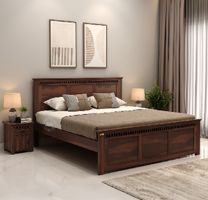 Dark royal bed with a <b>tall</b>, intricately carved <b>headboard</b>, available at wholesale prices - Product Image 2