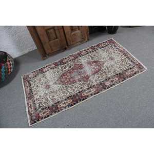 Turkish Vintage Small Rug 2.8x5.2 ft, <b>Red</b> Blue Floral <b>Wool</b> Rug - Product Image 2