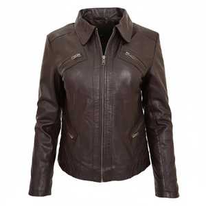 Veste de motard en cuir véritable marron foncé pour femmes, veste de moto vintage avec poches zippées, vêtements d'extérieur décontractés ajustés pour femmes - Product Image 3