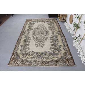 พรมขนสัตว์สีเบจสีน้ำตาลแบบดั้งเดิม9ft 5.3 x แนววินเทจแบบเย็บปะต่อตุรกีสำหรับตกแต่งห้องนั่งเล่นวัยรุ่นห้องโถงยางสี่เหลี่ยม - Product Image 1