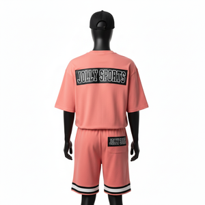 ชุดเซ็ตเสื้อยืดแขนสั้นผ้าคอตตอนโพลีเอสเตอร์คุณภาพสูง 250 GSM ระบายอากาศได้ดี สีชมพู พร้อมโลโก้แบบรีดร้อน ชุดเซ็ตวิ่งออกกำลังกายสำหรับผู้ชาย - Product Image 2