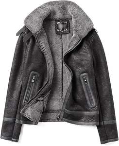 Premium <b>Men's</b> New Style Sheepskin <b>Leather</b> Shearling <b>Bomber</b> Jacket with Stand Collar and Warm Canvas Lining - Product Image 1