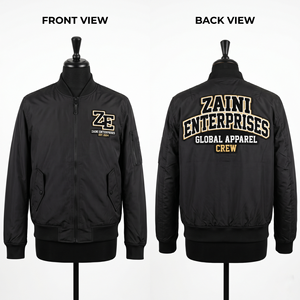 Blouson Bomber Homme Premium en Polyester Sergé 240 GSM Noir avec Logo Brodé Chenille Personnalisé et Bordure en Tricot – Veste Décontractée - Product Image 1