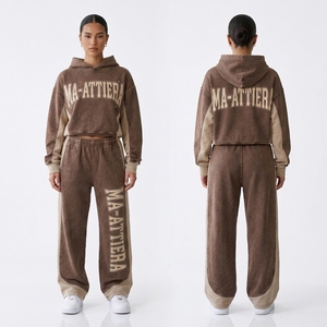 Conjunto de Sudadera Corta y Pantalones Jogger de Pierna Ancha para Mujer, Estilo Acid Wash Marrón, de Algodón y Felpa, Ropa Deportiva Urbana, Venta al Por Mayor OEM - Product Image 1