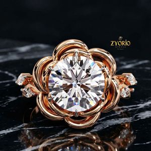 18K Gold Floral Diamond <b>Ring</b> Round Cut Flower Inspired Luxury Engagement <b>Ring</b> High End <b>Statement</b> Jewelry - Product Image 1