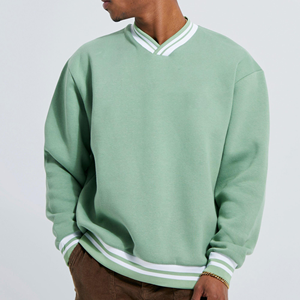 Custom Logo Crew Neck Winter Sweatshirt <b>Mint</b> Green Pullover with Embroidered Striped Ribbed Cuffs and Hem Soft Fleece Streetwear - Product Image 5