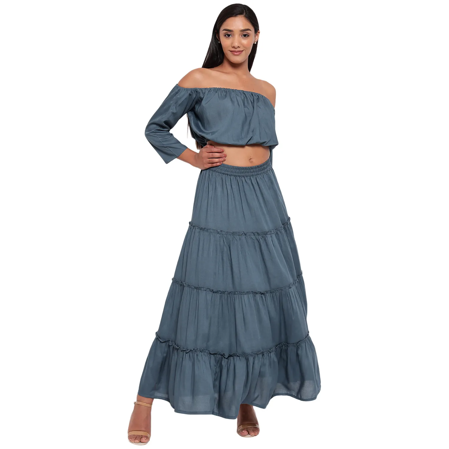 Women's Rayon Solid Grey Skirt Top Set Two Piece Prom Smoked Dress with Long Sleeves (AM083)