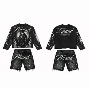 Ensemble T-shirt et short en jean pour homme, coupe ample, délavé à l'acide, col rond, ourlet brut, strass, tenue en jean - Product Image 1