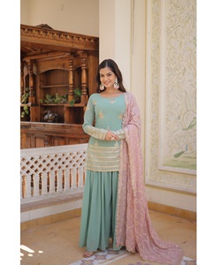 Nouveau à la mode élastique Faux Georgette tissu intérieur Sharara costume pour les femmes point gratuit pakistanais fête de mariage porter indien pakistanais - Product Image 1