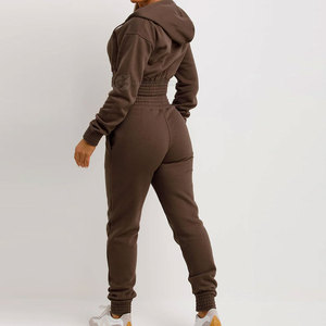 ชุดวอร์มครอปแบบลำลองสำหรับผู้หญิงเสื้อสั้นตัวยาวทนทานพิมพ์โลโก้สีทึบมีฮู้ด - Product Image 3