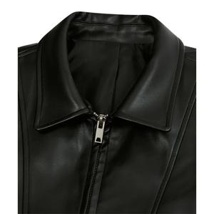 CHAQUETA DE MOTO DE CUERO PREMIUM DE CUERO DE VACERO GENUINO PARA HOMBRE LOGO DELANTERO DE LONA NEGRO Cafe Racer Vegan Leather V-line Stitch - Product Image 4