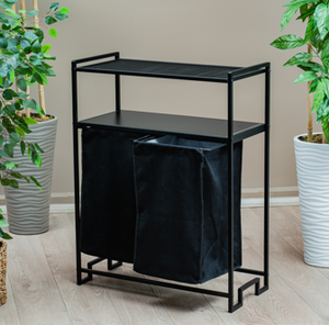 Panier à linge avec trieur de vêtements, panier à linge double, étagère à linge en métal, étagère de rangement pour le linge, panier à linge à 2 compartiments, panier à linge pour salle de bain - Product Image 2