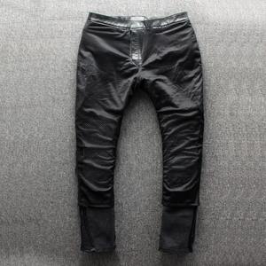 <b>Men's</b> Slim Motorcycle <b>Real</b> Cowhide Leather Pants Windproof <b>Black</b> Zipper Street Punk Style Mid Waist Plus Size 4XL 100% Canvas - Product Image 2