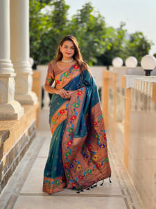 Diseñador Paithani Seda Saree Con Zari Tejido Meenakari Motivos Diseño - Product Image 5