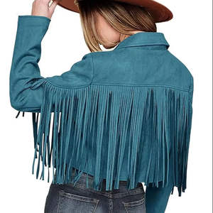 fashionable cowgirl varsity <b>jacket</b> <b>suede</b> leather <b>fringed</b> western decor breathable denim woven stripe stylish outerwear - Product Image 1