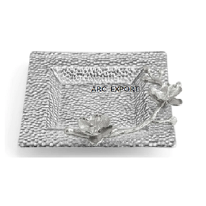 Métal argenté en acier inoxydable martelé avec deux anses d'orchidées Liily avec plateau de table de service pour le déjeuner et le dîner de couleur noire - Product Image 6