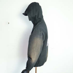 OEM Custom Logo Streetwear Acid Washed Vintage Distressed Embroidery Heavyweight 100% Cotton Boxy <b>Cropped</b> <b>Zip</b> <b>up</b> <b>Hoodies</b> for Men - Product Image 3