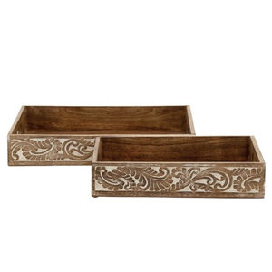Ensemble de 2 plateaux de service décoratifs en bois de manguier brun faits à la main, design floral sculpté, plateau en bois pour la cuisine, la table à manger, la décoration de la maison - Product Image 1