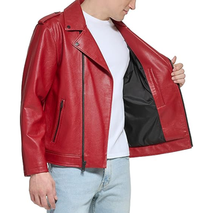 Veste moto en cuir PU rouge pour homme, col rabattu, fermeture éclair, coupe classique, couleur unie, style automne - Product Image 5