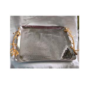 <b>Stainless</b> <b>Steel</b> Round Shape Serving <b>Tray</b> with Leather Handgrip for Home at Reasonable Price - Product Image 4