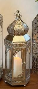 Silver Finish Metal <b>Moroccan</b> <b>Lantern</b> with Glass Panels Intricate Cutwork Warm Candle Glow Elegant Festive Home Decor Gift - Product Image 3