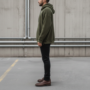 Sudadera con Capucha de Invierno para Hombre, Personalizada, de Felpa Verde Oliva de 360 g/m², Estilo Urbano Desgastado, Corte Regular, con Orificios para los Pulgares - Product Image 6