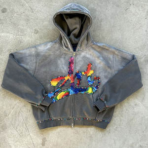 Sweat à capuche zippé 100% coton gris personnalisé Sweat à capuche zippé couleur strass Dtg Imprimer Oversize Boxy Acid Washed Hoodie With Rhinestone - Product Image 1