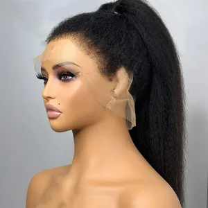 Yaki Soft 20Inch 180%Density Long Natural Black Kinky Straight Lace Front Wig For Women Baby Hair Daily