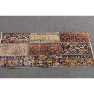 Tapis en laine beige bohème écoresponsable fait main 2,1 x 5 pieds, design patchwork classique turc à poils moyens pour salle à manger, en latex - Product Image 3