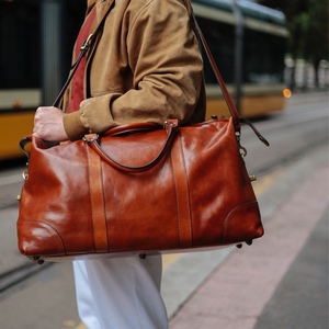 Genuine <b>Leather</b> High Quality Modern Travel Duffel <b>Bag</b> Large Tan Weekend <b>Overnight</b> Adjustable Strap Brass Hardware Zipper Durable - Product Image 3