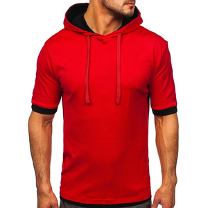 T-shirt à manches courtes pour homme, rouge, à capuche, coupe ajustée, avec bordure contrastante, style décontracté, tricoté, couleur unie, teinture unie - Product Image 4