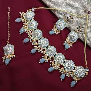 Indian Jewelry Gold Plated Ethnic Kundan Bridal Choker Necklace Earrings Maang Tikka <b>Jewellery</b> Set For Women, Grey - Product Image 2