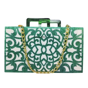 Elegant Green and <b>White</b> Resin Wedding Clutch <b>Bag</b> with Beaded Handle and Metal Frame for Bridal and <b>Evening</b> Occasions - Product Image 2