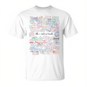 เสื้อยืดลายเครื่องบินพร้อมแสตมป์โลก ดีไซน์ที่ได้แรงบันดาลใจจากหนังสือเดินทางเพื่อการส่งเสริมการขาย "All I Need Is Travel" - Product Image 2