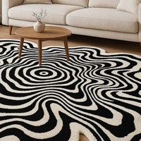 Tapis personnalisé en laine de luxe tufté à la main, tapis concentrique moderne irrégulier en quantité minimale de commande noir et blanc 1 pièce pour le salon