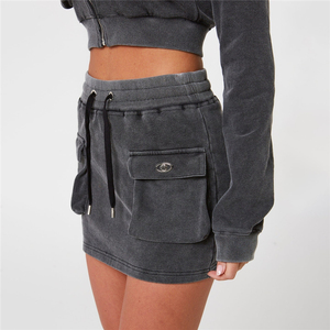 2024 Oem Custom logo Acid Wash 2 <b>Pcs</b> Sweatpants and Hoodie Set Women Crop Top Jacket and <b>Mini</b> Skirt Outsuit - Product Image 5