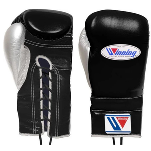 Gants de boxe à lacets Winning, noir argent, cuir véritable de qualité supérieure, gants d'entraînement professionnels pour la boxe, style japonais, finis - Product Image 1