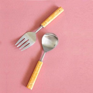 High Quality <b>Gold</b> Plated Spoons Salad Server Set Wooden Handle Serving Spoons Slotted Spoon Salad Server Set - Product Image 5