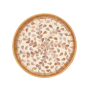 2024 nuevo diseño rústico redondo bandeja de madera para servir patrón de nácar con ratán y nácar para comida y desayuno - Product Image 4