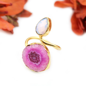 Aqua calcédoine naturelle Quartz solaire rose Double pierre forme de poire plaqué or 24K Designer femmes bague bijoux en gros inde - Product Image 2