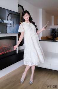 V1138 Robe de maternité d'été confortable en mousseline de soie brodée douce sans décoloration avec design droit pour les filles - Product Image 6