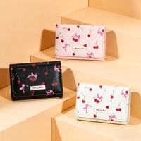 Dompet Kulit PU Motif Pita Ceri Lucu, Dompet Lipat Tiga Estetika Coquette Mewah, Tempat Kartu Kecil untuk Wanita Grosir