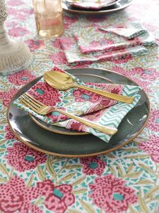 Ensemble de nappes en coton imprimé à la main de luxe indien de haute qualité, motif floral rose et vert, nappe carrée assortie aux serviettes - Product Image 5